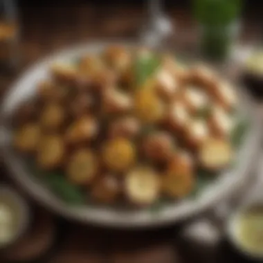 A rustic platter of seasoned roasted potatoes garnished with fresh herbs.