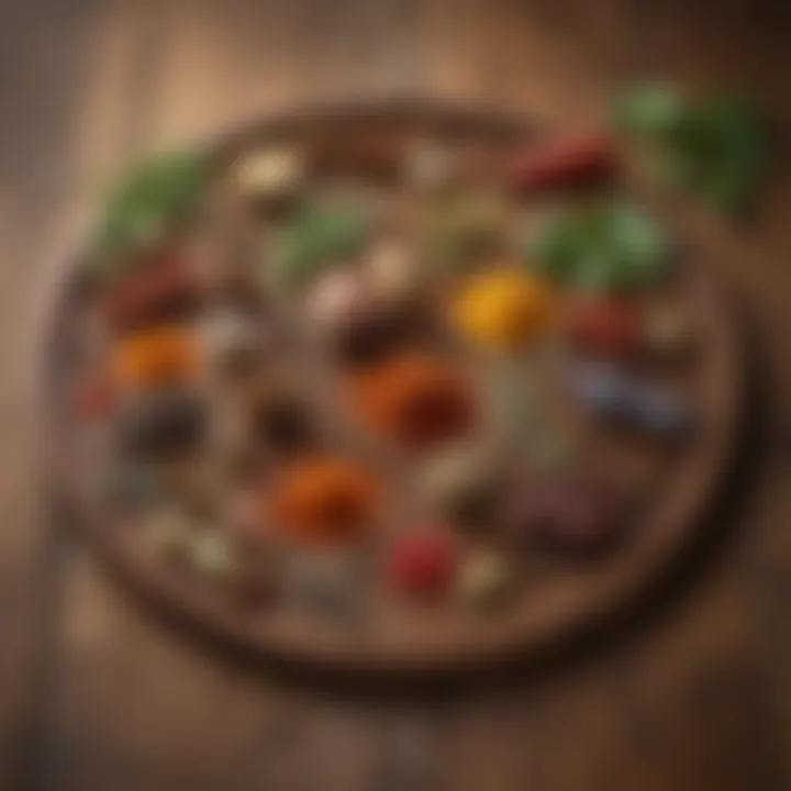 Beautifully arranged spices with herbs on a wooden background