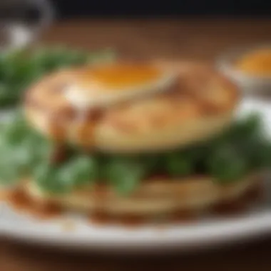 A close-up view of a fluffy pancake topped with fresh greens and a drizzle of sauce.