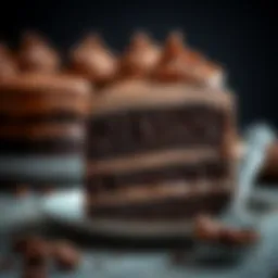 A slice of decadent chocolate cake with rich frosting