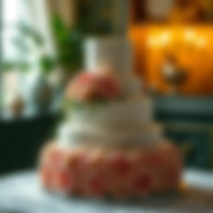 An ornate wedding cake adorned with intricate decorations
