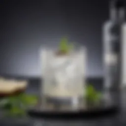 Elegant cocktail glass featuring a vanilla vodka concoction garnished with aromatic herbs