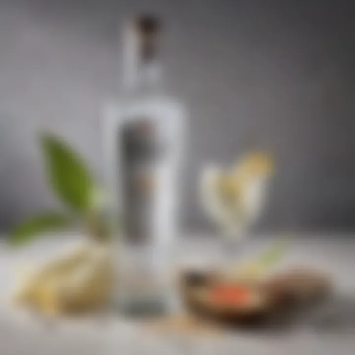 Close-up of vanilla vodka bottle alongside fresh vanilla pods and cocktail ingredients