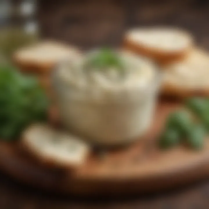 A creamy vegan cheese spread garnished with herbs