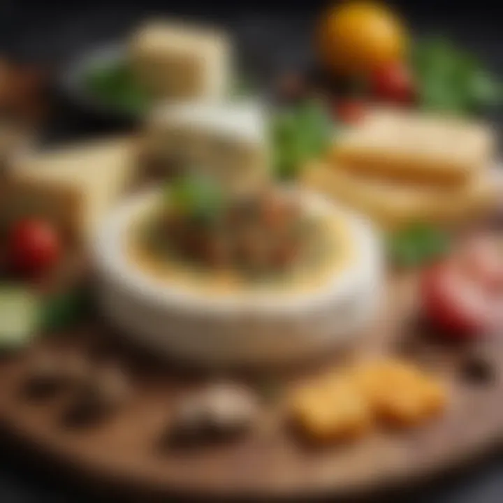 A vibrant platter showcasing various vegan cheese textures