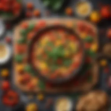 A colorful vegetable breakfast spread featuring tomatoes, spinach, and bell peppers