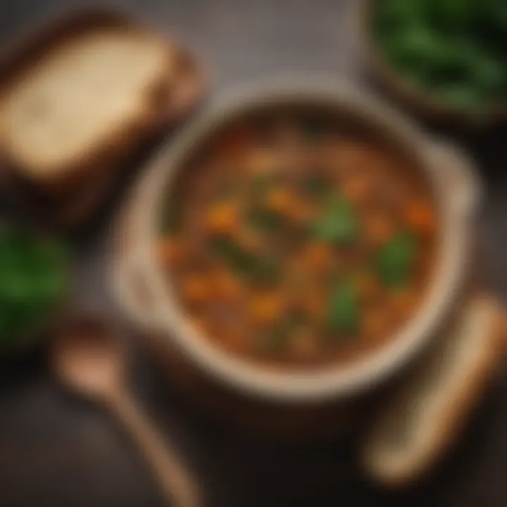 A hearty lentil stew served in a rustic bowl, accompanied by crusty bread and fresh greens.