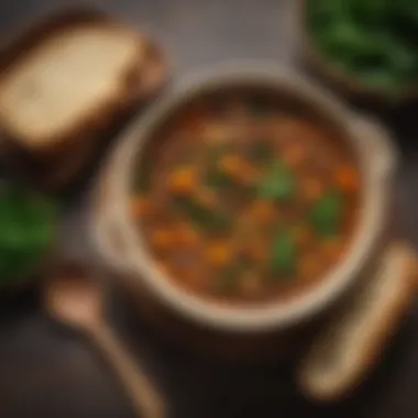 Hearty Lentil Stew with Crusty Bread A hearty lentil stew served in a rustic bowl, accompanied by crusty bread and fresh greens.