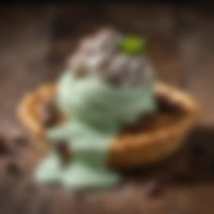 A scoop of mint chocolate chip ice cream on a waffle cone against a rustic backdrop.