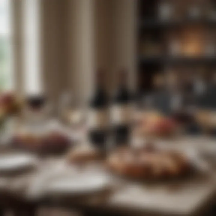 A sophisticated table setting featuring wine, gift baskets, and an inviting atmosphere.