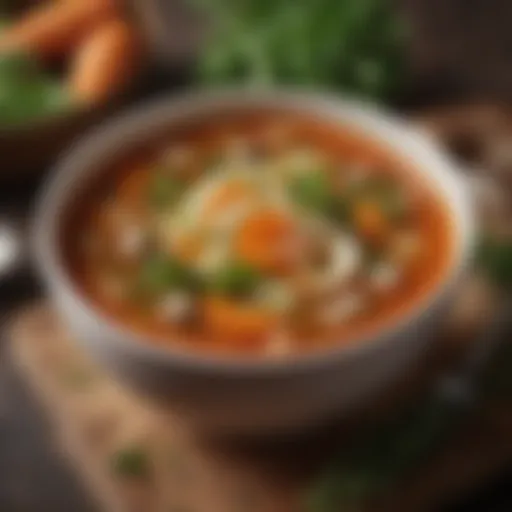 A vibrant bowl of vegetable flat belly soup garnished with fresh herbs