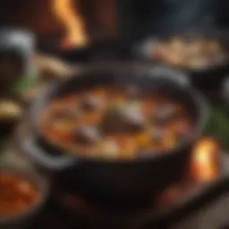 Elegant presentation of a Dutch oven filled with a hearty stew