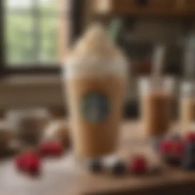 A rustic kitchen setting with a homemade Frappuccino next to fresh berries