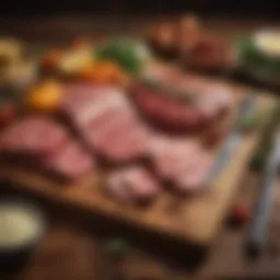 Chilled meat cuts arranged aesthetically on a wooden board