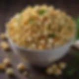 A bowl of garlic popcorn garnished with fresh herbs