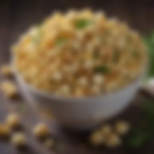 A bowl of garlic popcorn garnished with fresh herbs