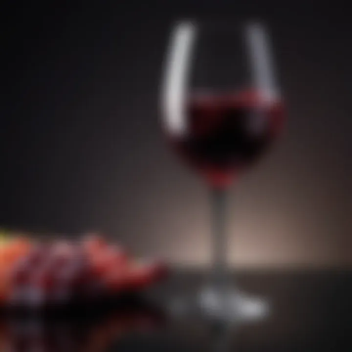 A close-up of a wine glass reflecting the rich hues of the beverage.