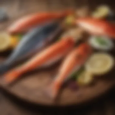 A selection of fresh, high-quality fish varieties displayed on a wooden surface.