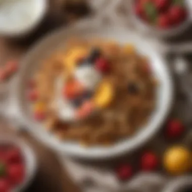 Culinary Presentation of Granola Clusters A beautifully arranged plate of granola clusters complemented by yogurt and fruits