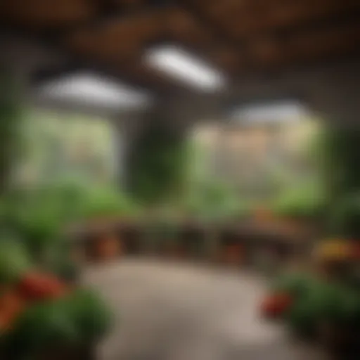 A vibrant indoor garden showcasing various herbs and vegetables under grow lights
