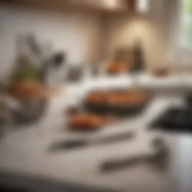 Close-up of a pristine kitchen countertop with organized utensils