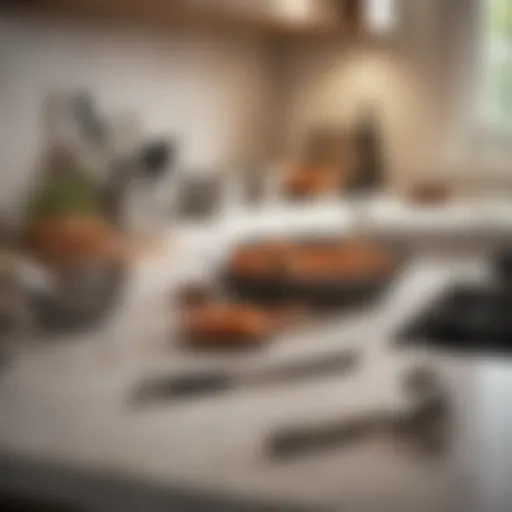 Close-up of a pristine kitchen countertop with organized utensils