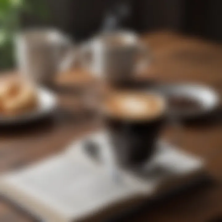 A serene coffee moment with a book, highlighting a cup of black coffee on a table