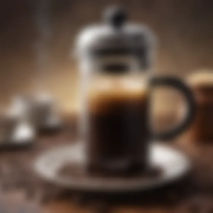 A close-up of freshly brewed coffee with a French press surrounded by coffee beans