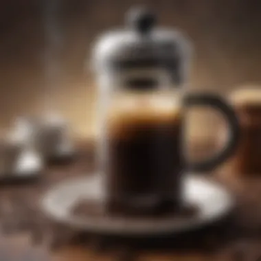 Rich French Press Brew A close-up of freshly brewed coffee with a French press surrounded by coffee beans