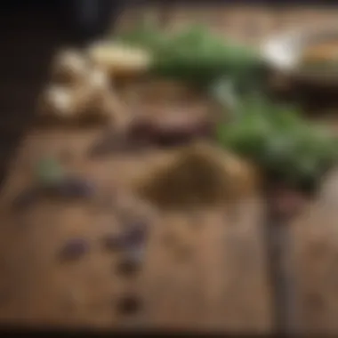 A rustic wooden table displaying various dried herbs