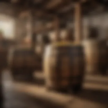 Historical rum barrels in a distillery setting