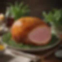 A beautifully glazed honey baked ham with a golden crust and garnished with fresh herbs.
