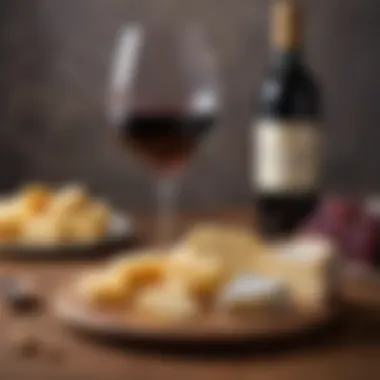 An elegant wine glass beside a plate of cheese, illustrating food pairing