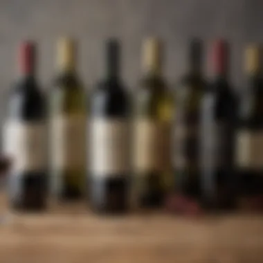 A selection of wine bottles arranged on a wooden table, representing variety