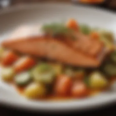 Plated salmon with side dishes and garnishing