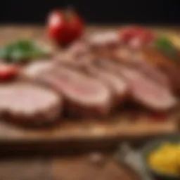 A variety of pork cuts arranged elegantly on a wooden cutting board, showcasing different grilling options.