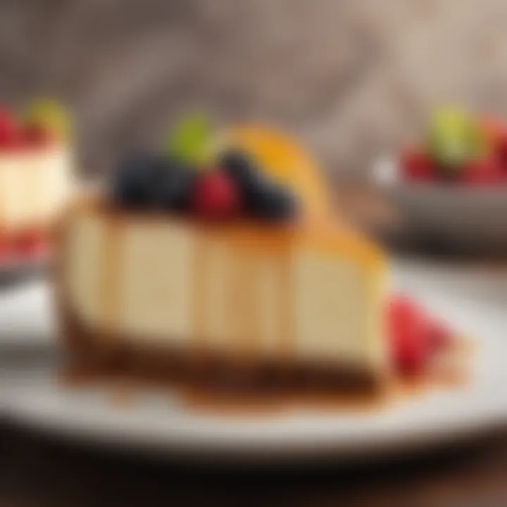 A stunning close-up of a creamy cheesecake topped with fresh fruits and a drizzle of caramel.