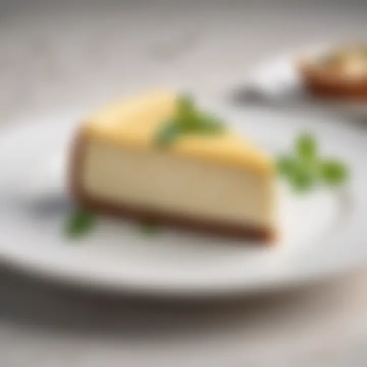 A luxurious cheesecake slice on a delicate porcelain plate, garnished with mint leaves.