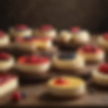 Diverse Cheesecake Styles on Display An array of cheesecake variations displayed elegantly on a rustic wooden table.