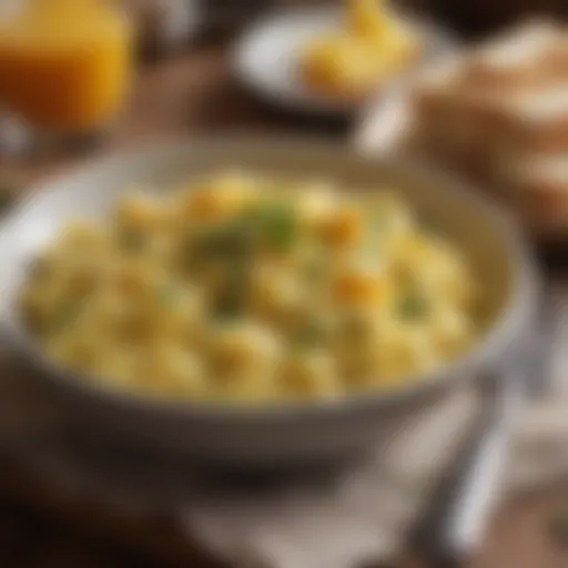 Bowl of creamy cheesy scrambled eggs garnished with herbs