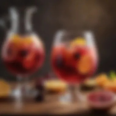 Art of Sangria Presentation Artistic presentation of a glass of sangria garnished with fruits