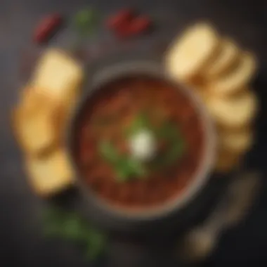 A bowl of authentic Texas chili garnished with fresh herbs and served with cornbread