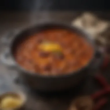 A pot of rich and hearty Texas chili simmering on the stove