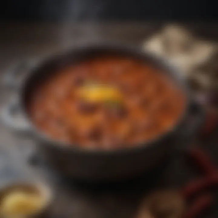 A pot of rich and hearty Texas chili simmering on the stove