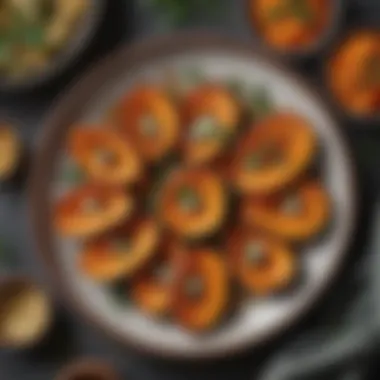 Plated roasted sweet potatoes with garnishes