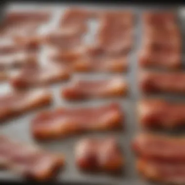 A baking sheet with bacon strips lined for optimal cooking