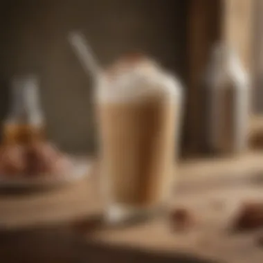 A beautifully crafted iced butter pecan latte served in an elegant glass against a rustic backdrop