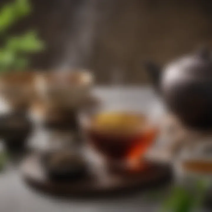 A traditional teapot and cups set against a backdrop of oolong tea preparation techniques.