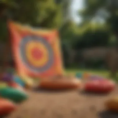 A vibrant outdoor game setup with colorful bean bags and targets