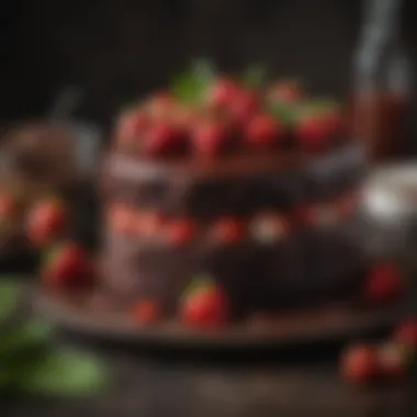 Decadent Chocolate Cake with Strawberries A decadent chocolate cake adorned with fresh strawberries and a hint of mint
